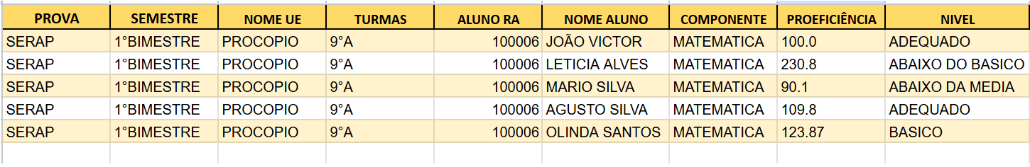 Exemplo de organização da planilha